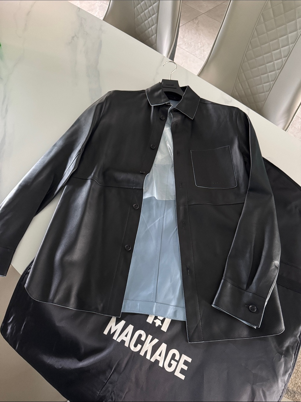 Mackage Black Leather Shirt Jacket with Light Blue Lining